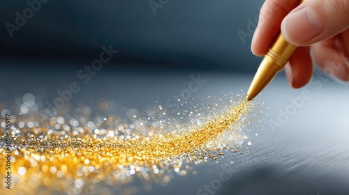 Close-up of a hand drawing an exponential growth curve with golden marker on blackboard, sparkling particles emphasizing the success.