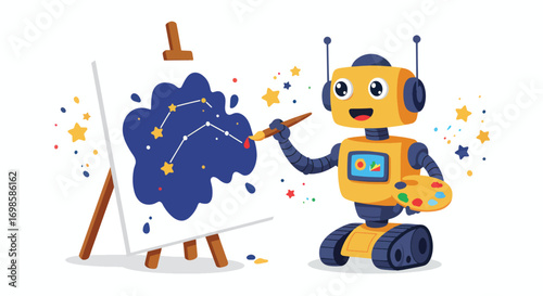 A yellow robot paints a starry night sky on a canvas on an easel