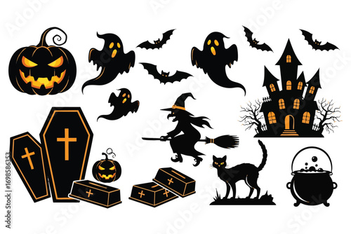 Halloween Icons Collection Featuring Pumpkin Ghost Witch Cat Haunted House Coffins and Cauldron