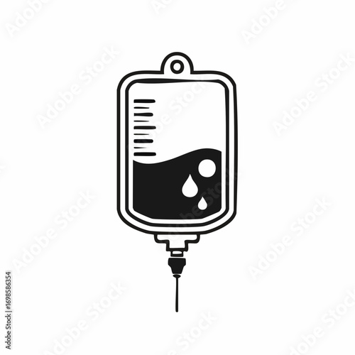 Minimalist black icon of an IV drip bag, illustrating the concept of intravenous therapy, saline solution, and medical assistance in a hospital setting