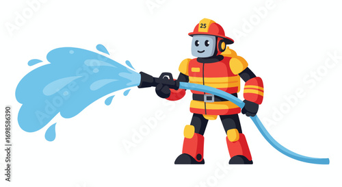 Cartoon robot firefighter spraying water from a hose