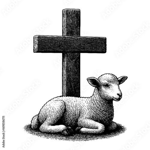 The Lamb, a symbol of Jesus Christ's sacrifice, lies beside a wooden cross — a symbol of the crucifixion and the atonement for humanity's sins.
