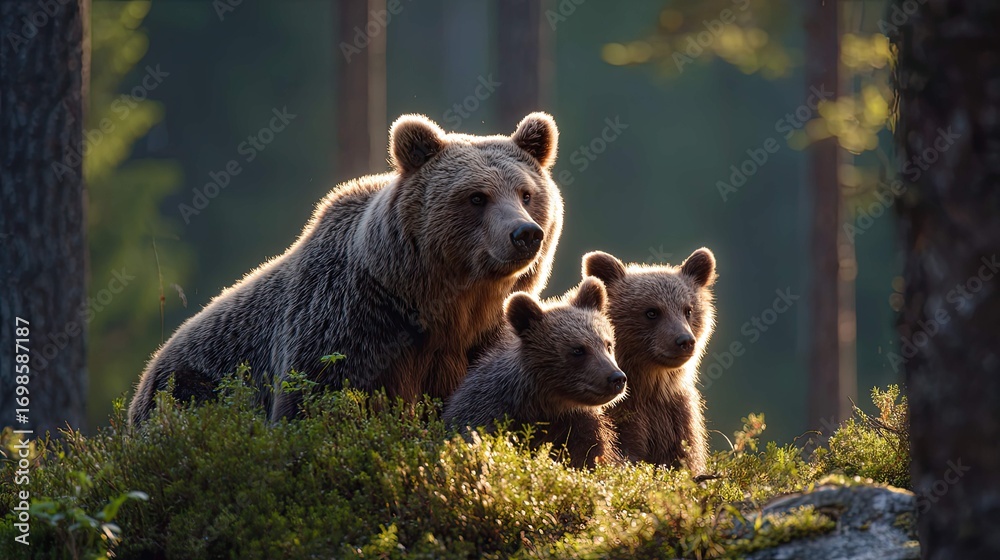 Obraz premium a serene scene in nature featuring three brown bears, possibly a family unit, gathered together on a grassy area near the base of pine trees