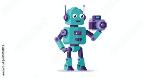 A teal and purple robot holds a camera