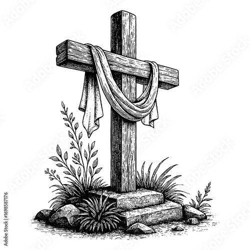 A wooden cross — a symbol of the crucifixion and sacrifice of Jesus Christ for the sins of humanity.