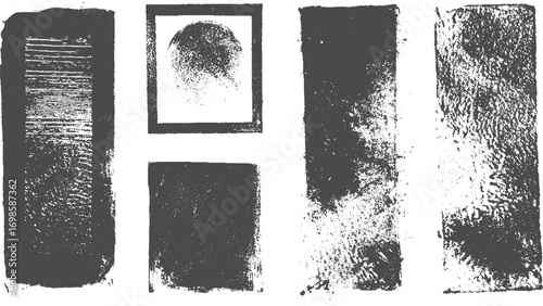 set of three highly detailed stamp / letterpress / rolled ink textures isolated over a transparent background. 