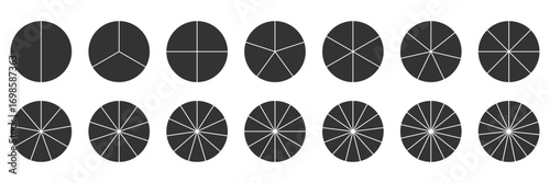 Pie chart black icon set. Circle section graph. Infographic wheel segment. Segmented Round diagram. Divided circle on 2 3 4 5 6 7 8 9 10 11 12 13 14 15 parts. Simple minimal Piechart silhouette