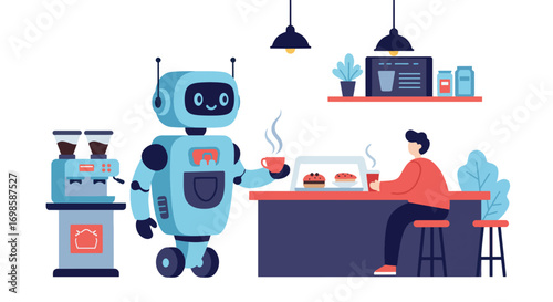 Robot serving coffee to customer in a cafe