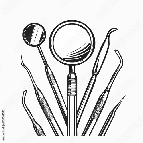 A collection of professional dental instruments in a vintage monochrome engraving style. Medical tools for oral care, stomatology, and oral hygiene concepts