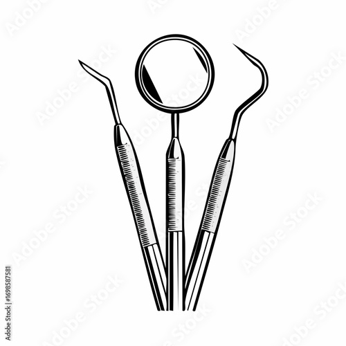 Classic black and white line art illustration of essential dental hygiene tools for professional clinic use
