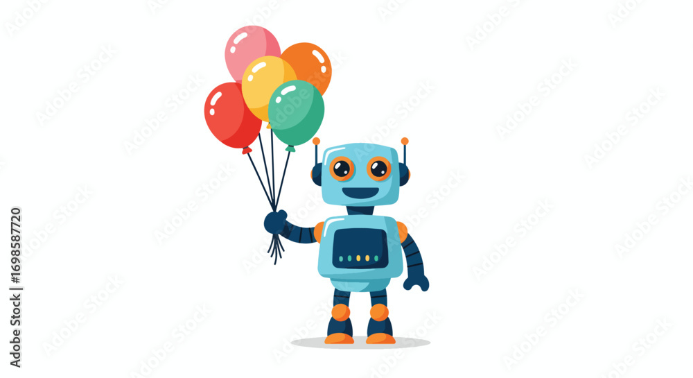 Obraz premium A blue robot holds a bouquet of five colorful balloons