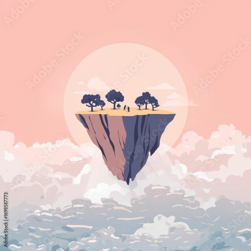 Peaceful floating island with trees and figures in a dreamy sky, a tranquil getaway scene for inspiring travel