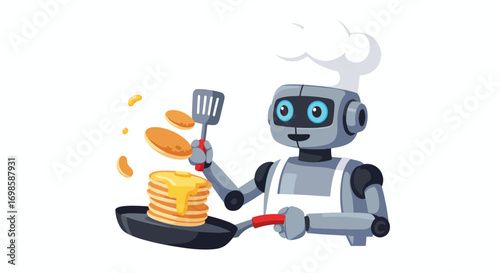 A robot chef in a hat flipping pancakes in a pan
