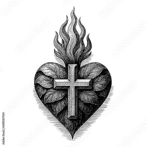 A heart with a cross, from which bursts the flame of the Holy Spirit