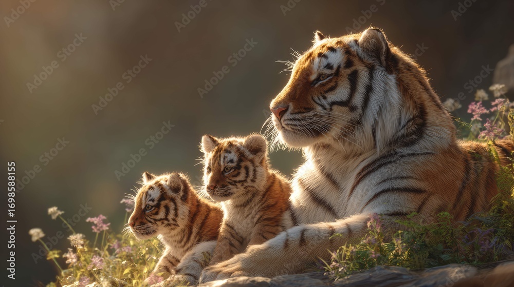 Obraz premium a tranquil scene in nature featuring three tigers. one large adult tiger is sitting on a rock to the left, watching over two younger cubs who are sitting on the ground nearby