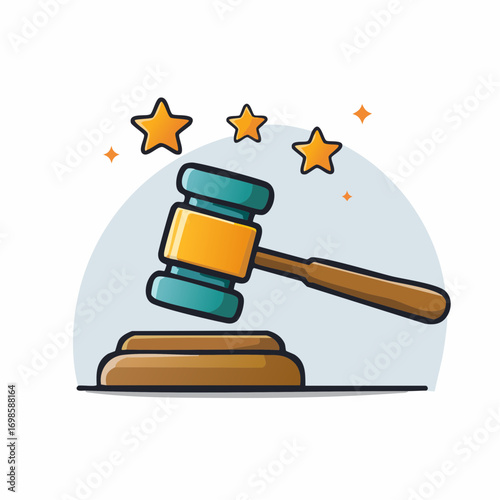 Cartoon depiction of justice concept with gavel stars and neutral background aesthetics