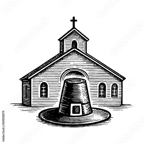 A wooden Christian church building and a Puritan hat, symbolizing holiness and purity.