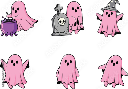 Set of six cute pink cartoon ghosts with accessories, wizard hat, cauldron, gravestone, playful poses, fun Halloween spooky character illustration