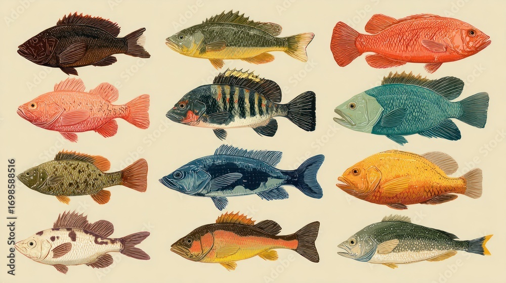 Fototapeta premium Colorful fish illustration collection