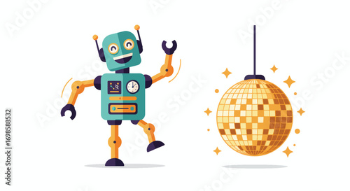A cartoon robot dances next to a disco ball
