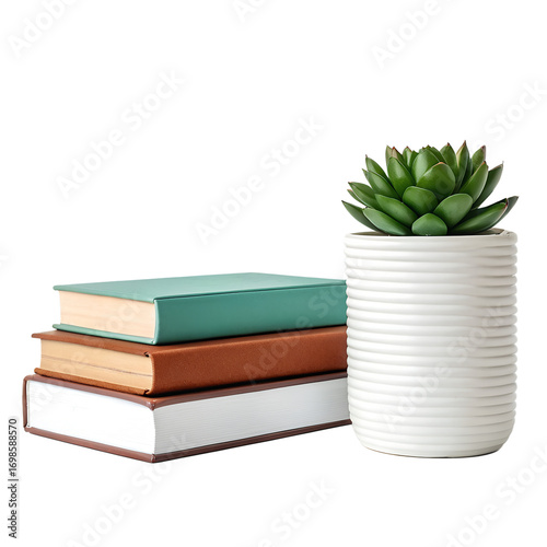 Stack of Books with Succulent Plant in White Pot