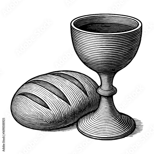 A communion cup with wine, symbolizing the blood of Jesus Christ shed on the cross for our sins, and bread, representing the Lord’s suffering