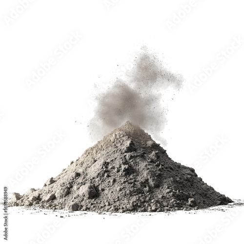 Png of a pile of gray ash isolated on transparent background, with a cloud of dust rising from the top, creating a sense of destruction and desolation