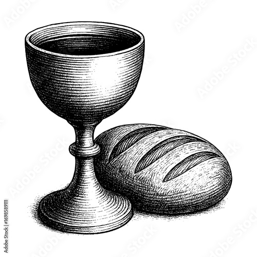A communion cup with wine, symbolizing the blood of Jesus Christ shed on the cross for our sins, and bread, representing the Lord’s suffering