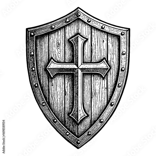 A shield with a Christian cross, symbolizing faith in Jesus Christ
