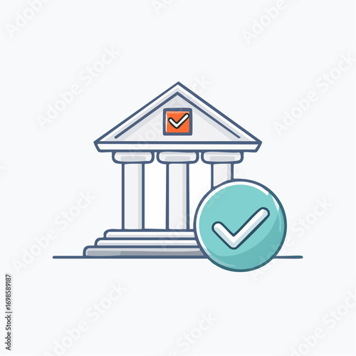 Compliance and approval graphic depiction of a classical bank with validation mark
