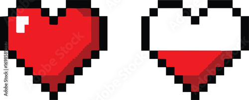 Pixelated red hearts representing health and damage in a video game