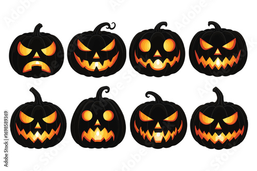 Set of Spooky Black Halloween Jack o Lantern Pumpkin Faces with Glowing Orange Eyes Keywords: halloween, pumpkin, jack o lantern, spooky, scary, creepy, face, carved, glowing