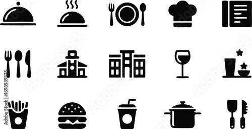 Restaurant and food icons isolated on white background collection of various restaurant related icons such as dish, chef hat, menu, burger, drink and more 