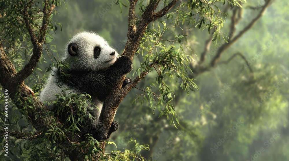 Fototapeta premium a panda bear is perched in a tree within a lush, tropical forest setting