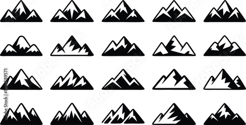 Collection of mountain icons isolated on white background, showcasing various shapes and styles, perfect for outdoor adventure and naturethemed designs 