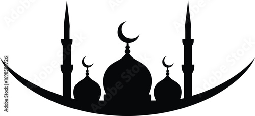 Silhouette of a mosque with minarets and crescent moons isolated on white background, representing islamic architecture and religious symbolism 