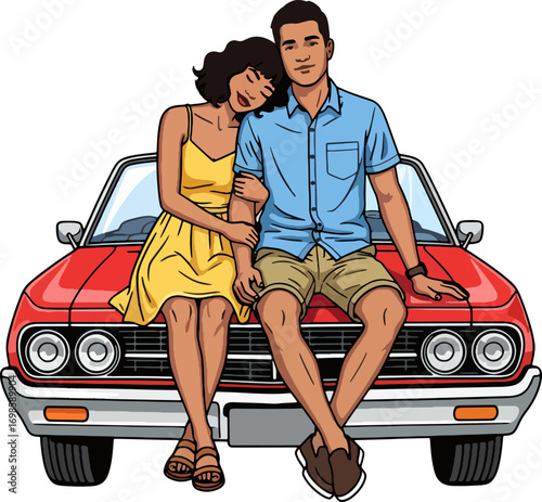 Romantic Couple Sitting Together Outdoors Vector Illustration