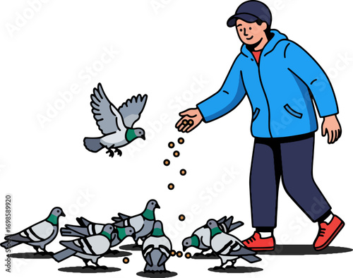 Person Feeding Pigeons Vector Illustration