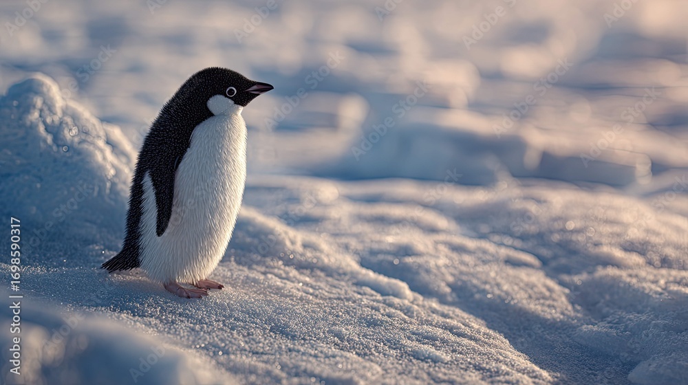 Obraz premium a penguin standing in an icy landscape, with snow covered surroundings extending into the distance