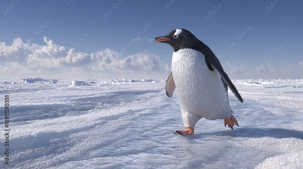 Fototapeta premium this is a digitally manipulated photo featuring an emperor penguin standing upright on a frozen landscape that resembles ice