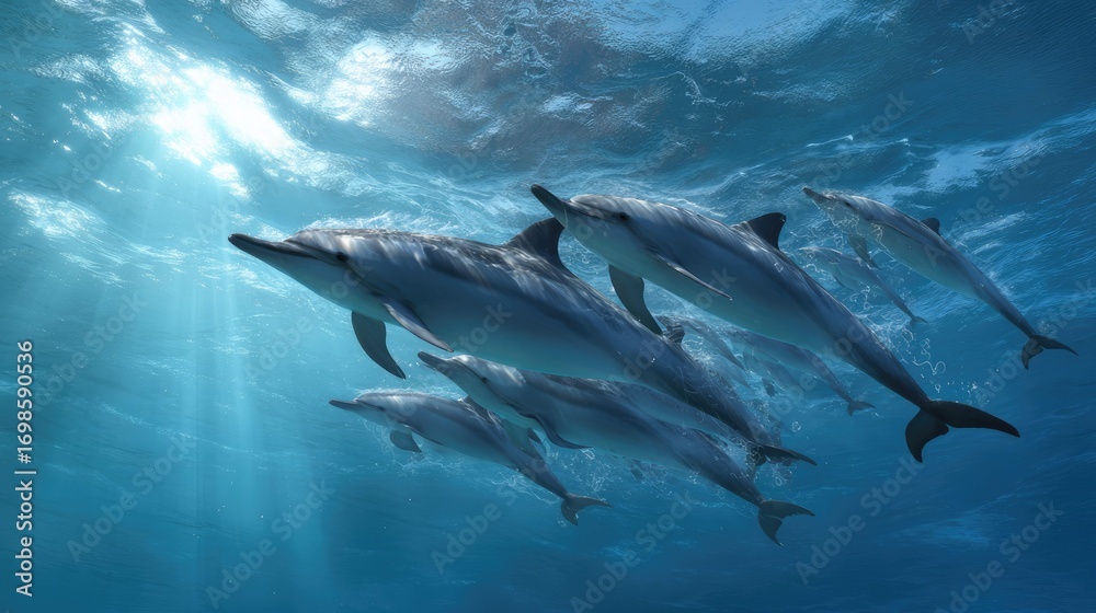 Obraz premium a mesmerizing underwater scene where a school of dolphins is swimming in formation beneath the clear ocean surface