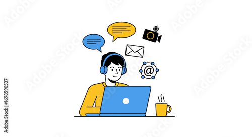 Young man works remotely, managing communication via laptop and headphones.