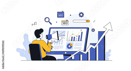 A person analyzing data on a computer screen, using a megaphone, and observing growth.