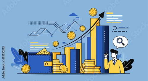 Business growth illustration with financial data, a man, and a wallet.
