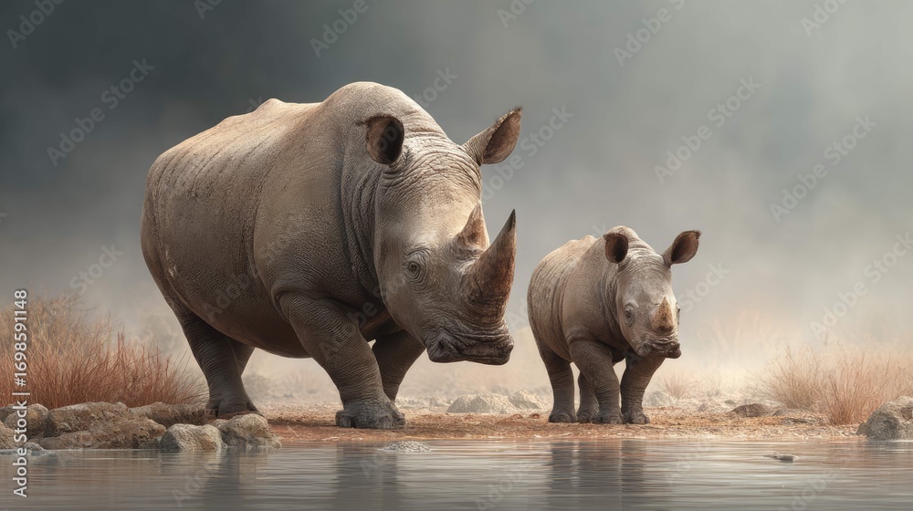 Obraz premium two rhinos in an outdoor setting near water