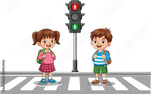 Two cartoon children standing at pedestrian crosswalk, wearing backpacks, traffic light safety signal, school kids road safety, urban street scene, flat vector illustration
