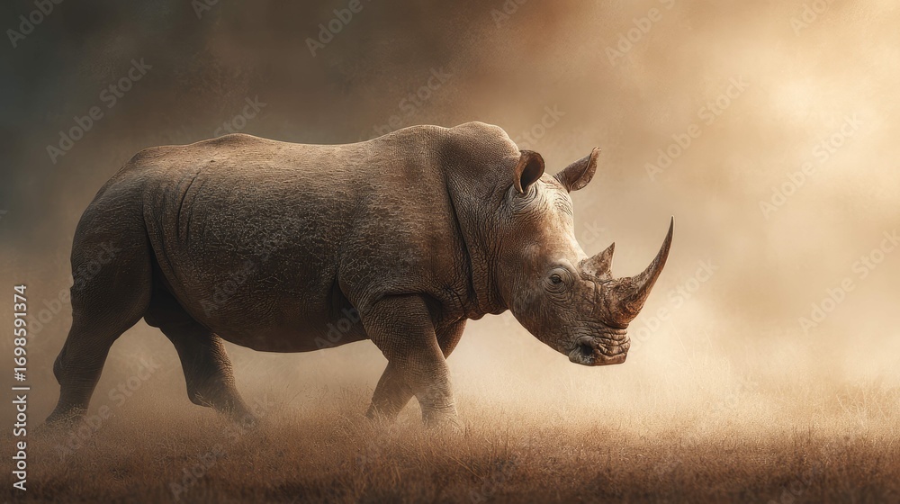 Obraz premium an artistic rendering of a rhino standing in a dry grass field with the sky as its backdrop