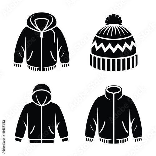 Minimalist black icons of winter clothing including hooded jackets and knitted beanie