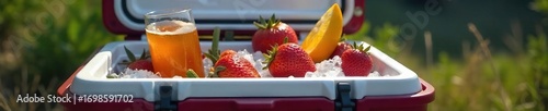 Sleek, modern cooler filled with ice and refreshing drinks, ready for adventure Perfect for camping, picnics, or backyard barbecues , fun, sun, travel