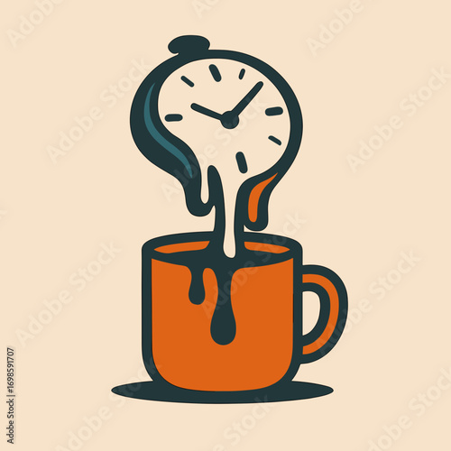 Whimsical coffee mug with a melting clock illustration representing time